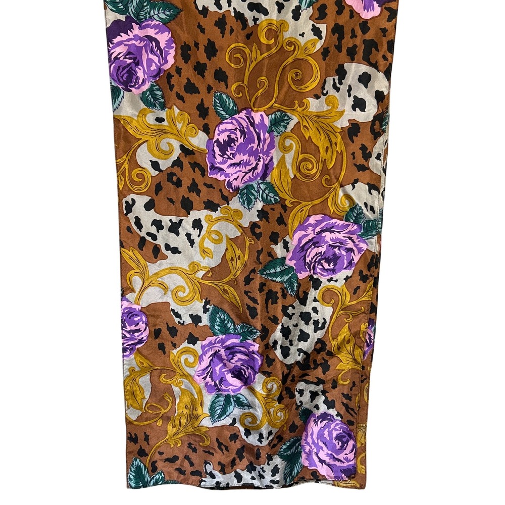 Capelli New York 100% Silk‎ Scarf Purple Roses Floral Animal Print Brown